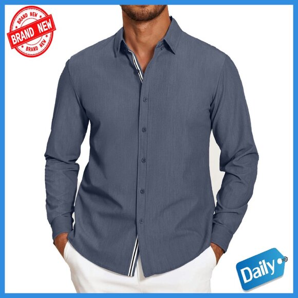 Men's Stretch Denim Button Down Shirt Long Sleeve Casual Dress